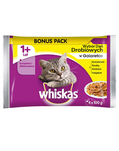 WHISKAS Hrană umedă pentru pisici cu pasăre specialități în aspic 4 x 100 g
