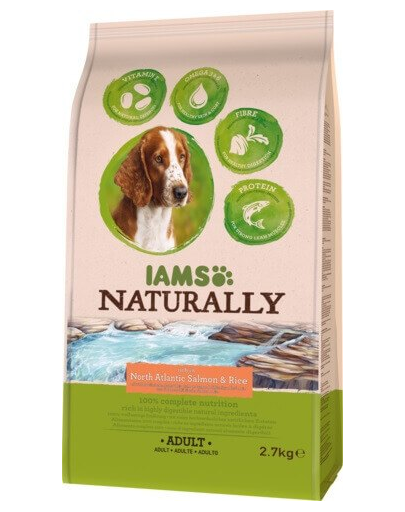 Iams naturally adult - hrană uscată pentru câini bogată în somon din atlanticul de nord și orez 2,7 kg