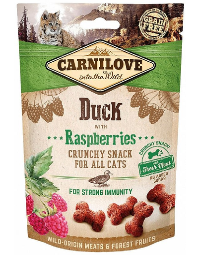 CARNILOVE Crunchy Snacks recompense pentru pisici, cu rata si zmeura 50 g
