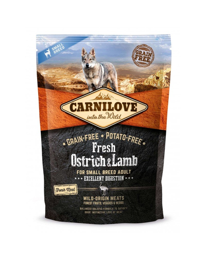 CARNILOVE Fresh Adult Small Breed hrana uscata caini adulti de talie mica, cu strut si miel 1,5 kg