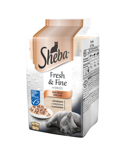 Sheba fresh & fine in sauce 72 x 50g cu păsări de curte, curcan și somon