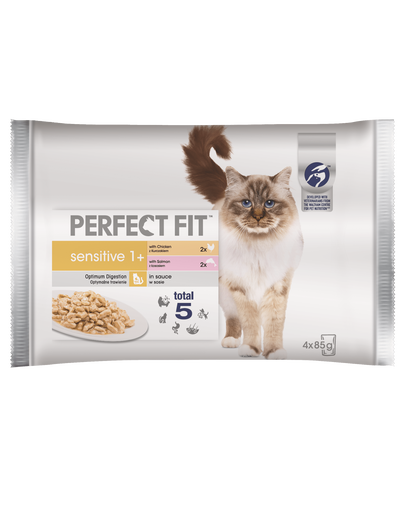 PERFECT FIT Sensitive 1+ Hrană umedă cu pui și somon 52 x 85 g