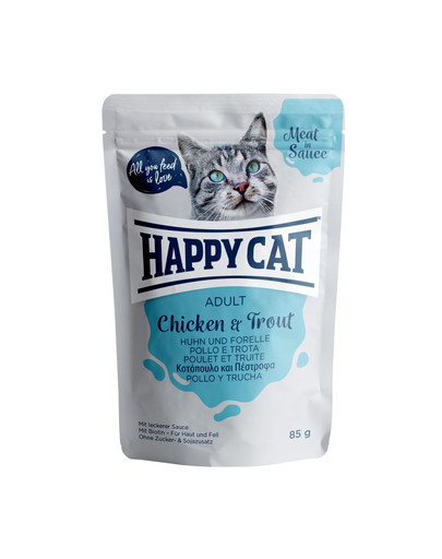 Happy cat meat in sauce adult, pui și păstrăv 85 gr