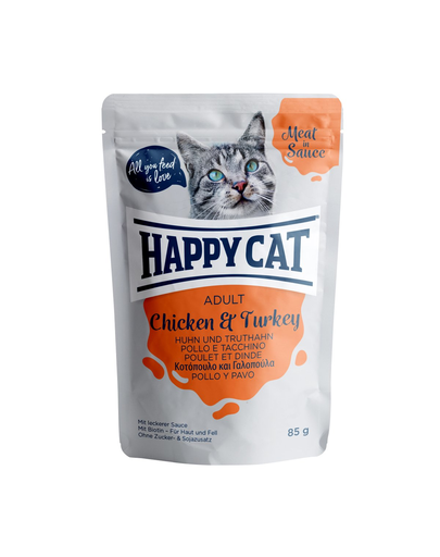 Happy cat meat in sauce adult, pui și curcan 85 gr