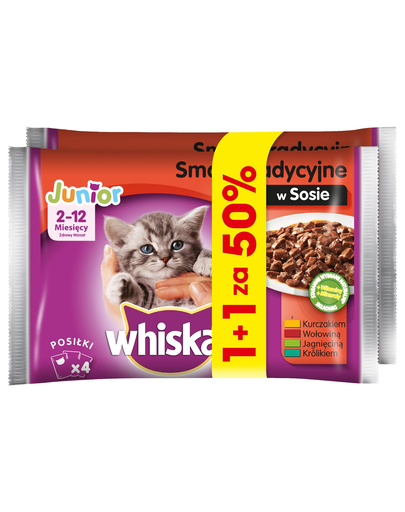 Whiskas junior arome tradiționale în sos 4 x 100g cu pui, cu vită, cu miel, cu iepure