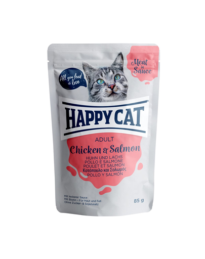 Happy cat meat in sauce adult, pui și somon 85 gr