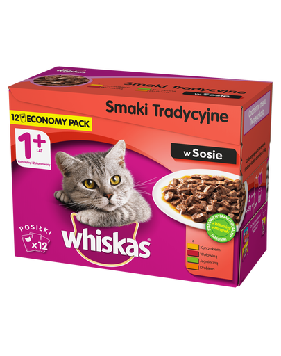 WHISKAS Arome tradiționale în sos 48 x 100 gr (cu pui, vită, miel, păsări de curte)