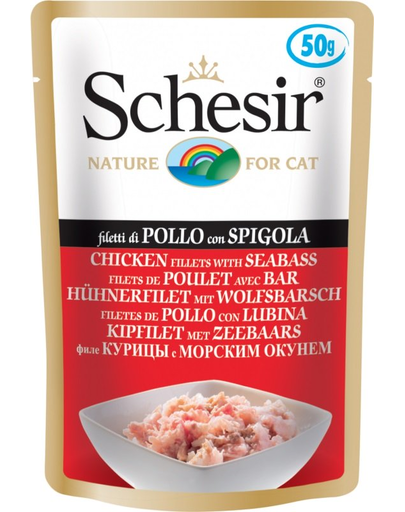 SCHESIR Hrană umedă pentru pisici, cu file de pui și biban de mare 50 g