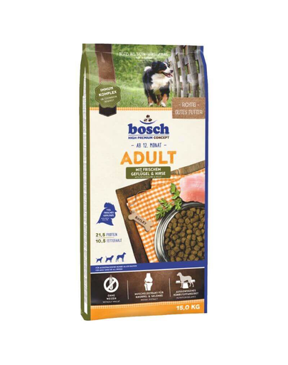 BOSCH Hrana uscata cu pasare si mei pentru cainii adulti 15 kg + recompense biscuit cu turmeric 250 g