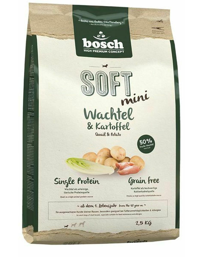 BOSCH Soft Mini Hrană uscată pentru câini de rase mici cu prepeliță și cartofi 2,5 kg + recompense biscuit cu carne de strut si vanilie 300 g