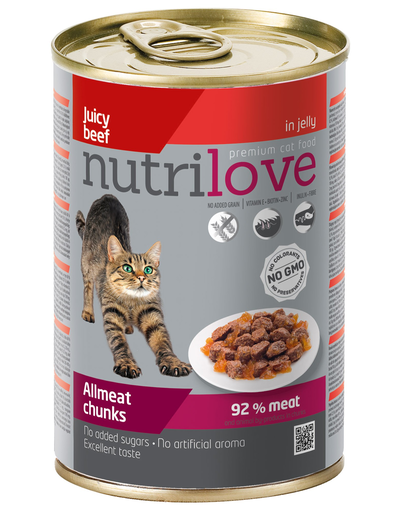 NUTRILOVE Premium - Bucăți de carne de vită în jeleu, pentru pisici - 400g