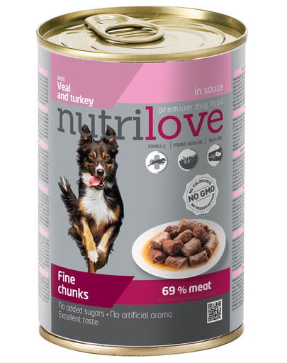 Nutrilove - bucăți premium de carne - vițel și curcan în sos pentru câini - 415g
