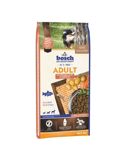 BOSCH Hrana uscata somon si cartofi pentru cainii adulti 15 kg + recompense biscuit cu turmeric 250 g