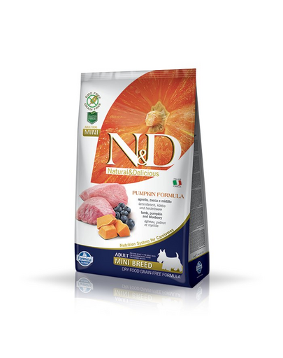 FARMINA N&D Pumpkin Lamb&Blueberry Adult Mini 14 kg (2 x 7 kg) hrana caini talie mica, miel, dovleac si afine