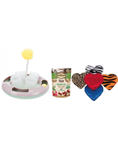 CARNILOVE SET recompense pentru pisici cu rata 50 g + Trixie jucarie Snack&Play + Trixie jucarie inima de plus