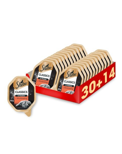 SHEBA Classics in Pastete hrana umeda pentru pisici, pate cu vita 44 x 85g (30 + 14 gratis)