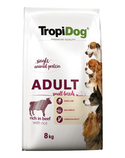 TROPIDOG Premium Adult S carne de vita si orez 8 kg hrana uscata pentru caini de rase mici