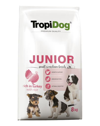 TROPIDOG Premium Junior S&M curcan si orez  8 kg hrana uscata pentru pui de rasa mica si medie