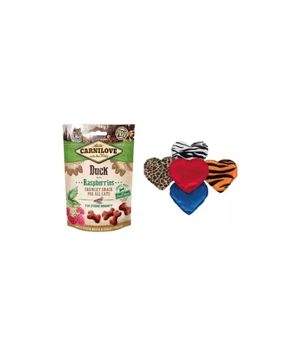 CARNILOVE SET Crunchy Snacks recompense pentru pisici, cu rata si zmeura 50 g + Trixie jucarie plus cu valeriana