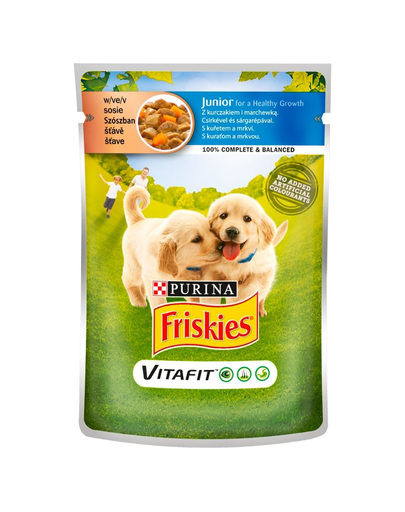 FRISKIES Vitafit Junior pui si morcovi in sos 100g hrana umeda pentru catei