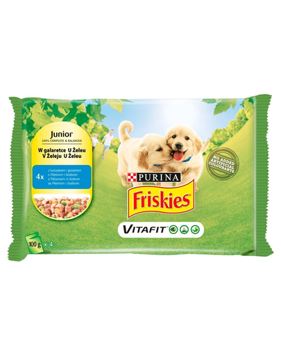 FRISKIES Vitafit  Hrana umeda cu pui si mazare in jeleu pentru caini junior 4x100g