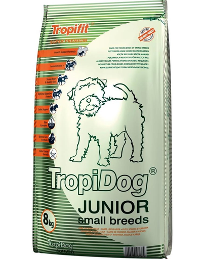 TROPIDOG Super Premium Junior S somon si oua 8 kg hrana uscata pentru pui de rasa mica miel, somon si oua