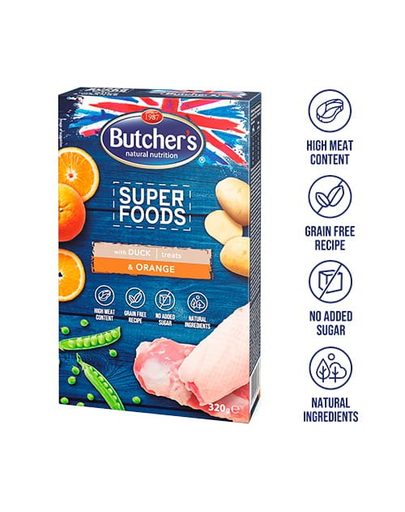 BUTCHER'S Superfoods Treats recompense cu rață și portocale 320 g