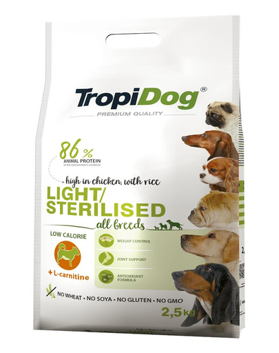 TROPIDOG Premium Light-Sterilized Light 2,5 kg hrana uscata pentru câinii supraponderali