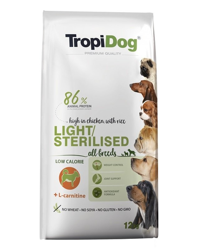 TROPIDOG Premium Light-Sterilized Light 12 kg hrană uscată pentru câinii supraponderali