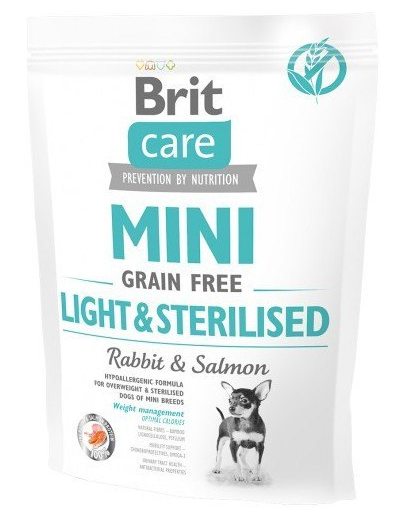 BRIT Care Grain Free Mini Light&Sterilised hrana uscata caini adulti talie mica cu tendinta de ingrasare, somon si iepure 400g