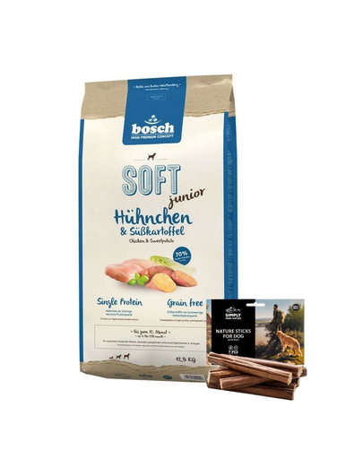 BOSCH Soft Junior Hrana uscata cu pui si cartofi dulci pentru cainii junior 12,5 kg + recompense sticks 7 buc.