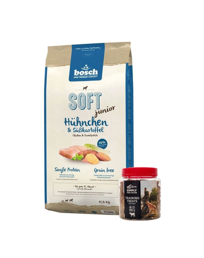 BOSCH Soft Junior Hrana uscata cu pui si cartofi dulci pentru cainii junior 12,5 kg + Recompense cu vita 300 g
