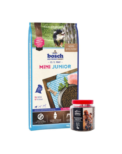BOSCH Hrana uscata pentru caini junior de talie mica 15 kg + recompense cu carne de iepure si ceai verde 300 g